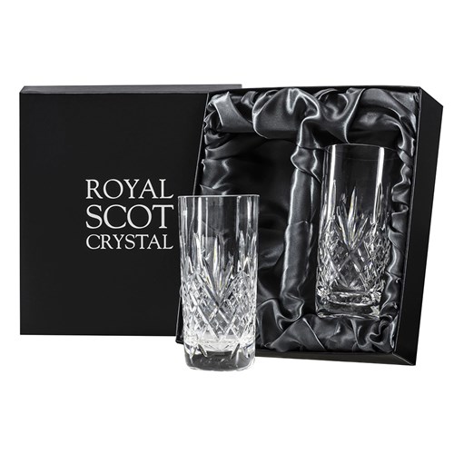 Glencoe 2 Crystal Tall Tumblers (Highballs) 150 mm (Presentation Boxed) Royal Scot Crystal